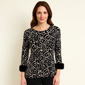 Finity Merino Wool Sweater S | Faux Fur Cuff | Luxe Animal Print | Side Slits